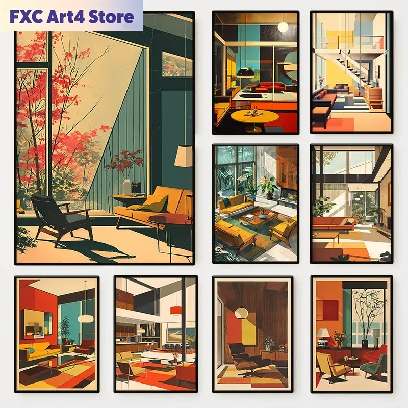 Interior Design Studio - Frameloze vintage interieur architectonische poster Mid